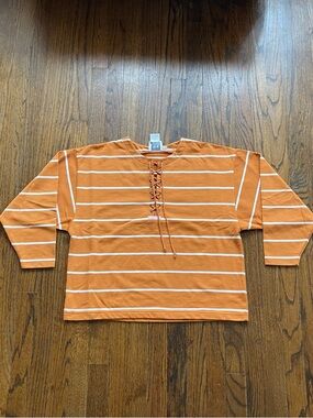 Vintage Together Rust Orange and White Striped Lace-Up Knit Top